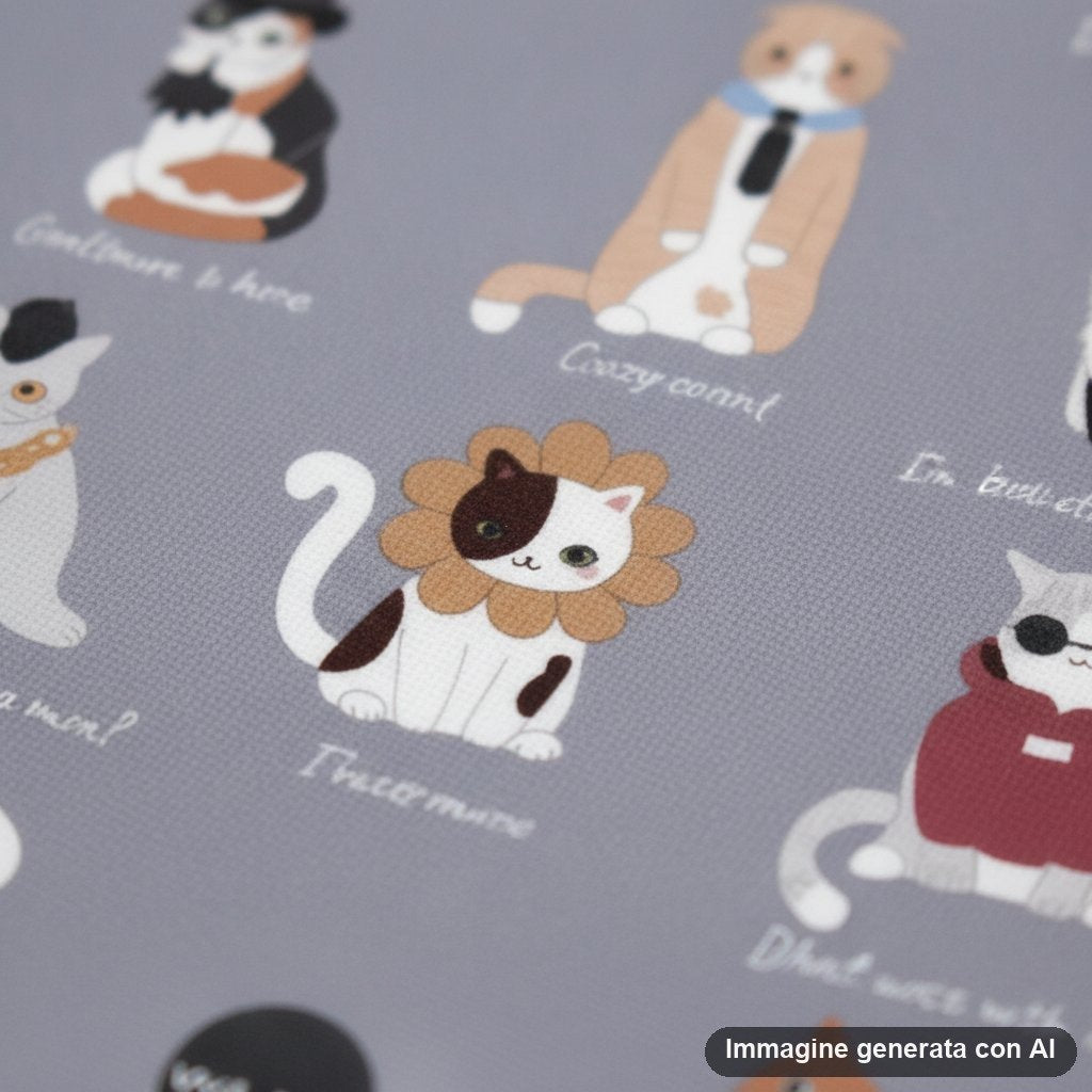 Tovaglietta americana rigida con pattern di gatti kawaii colorati e frasi umoristiche su sfondo grigio-lavanda