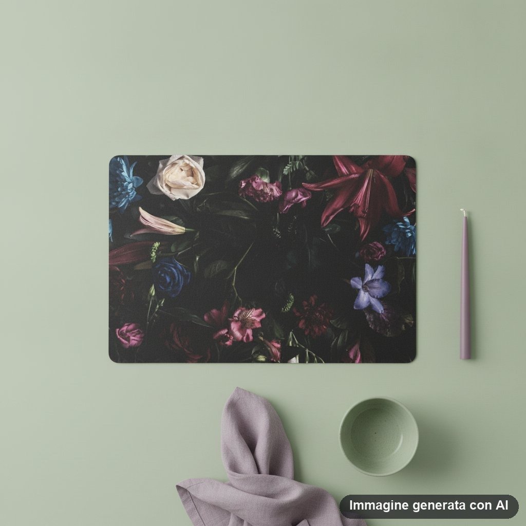 Tovaglietta americana con stampa floreale romantica su sfondo nero con rose, gigli e fiori colorati