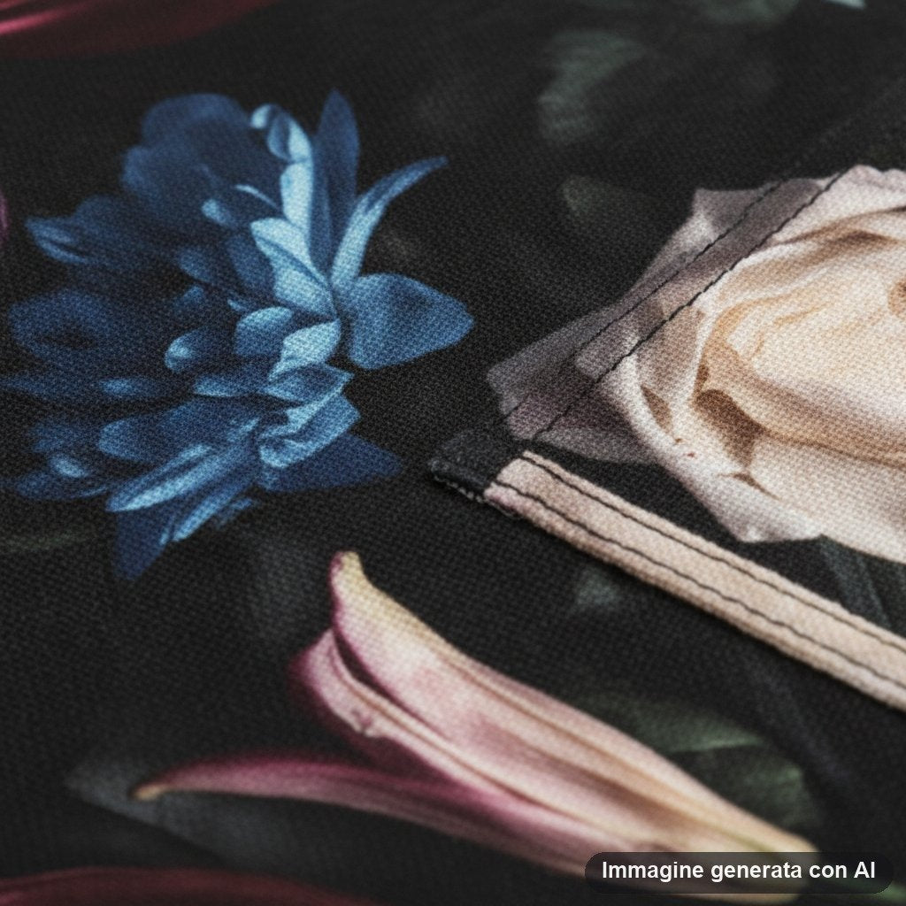 Tovaglietta americana con stampa floreale romantica su sfondo nero con rose, gigli e fiori colorati