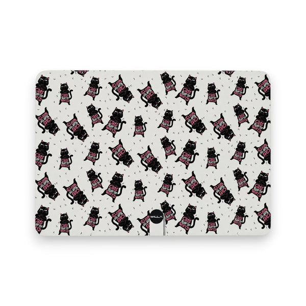 Tovaglietta americana con stampa ripetuta di gatti neri che gridano meow su sfondo bianco con piccoli dettagli