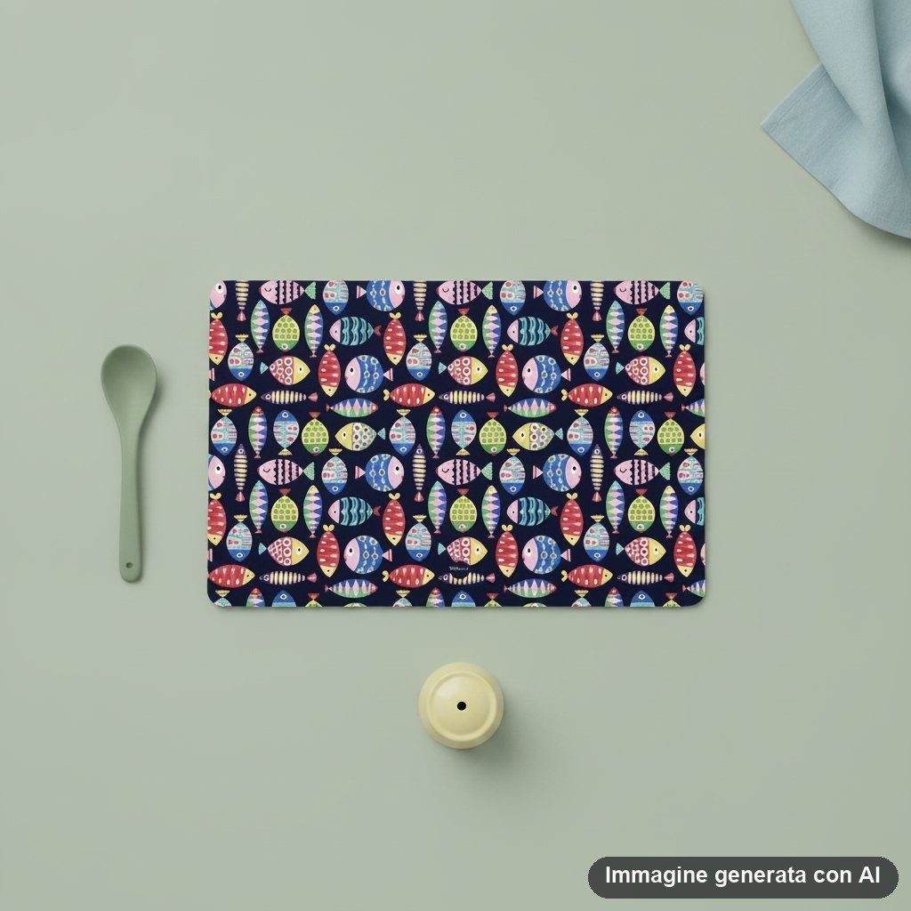 Tovaglietta americana con stampa di pesci colorati e decorati su fondo blu scuro, design giocoso e marino