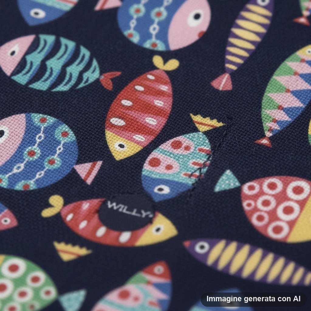 Tovaglietta americana con stampa di pesci colorati e decorati su fondo blu scuro, design giocoso e marino