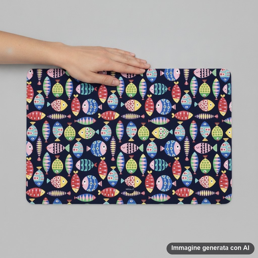Tovaglietta americana con stampa di pesci colorati e decorati su fondo blu scuro, design giocoso e marino