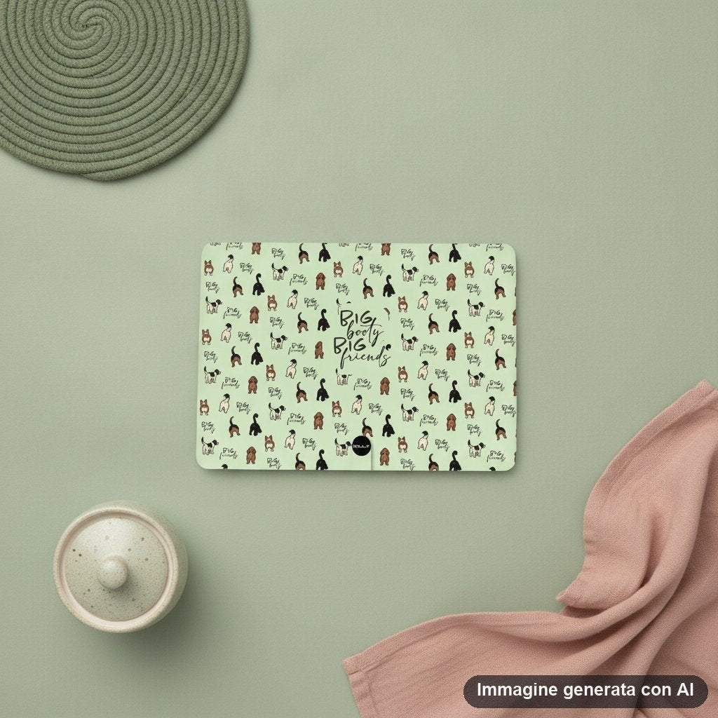 Tovaglietta americana con disegno di cani in diverse razze e scritte big booty big friends su sfondo verde pastello