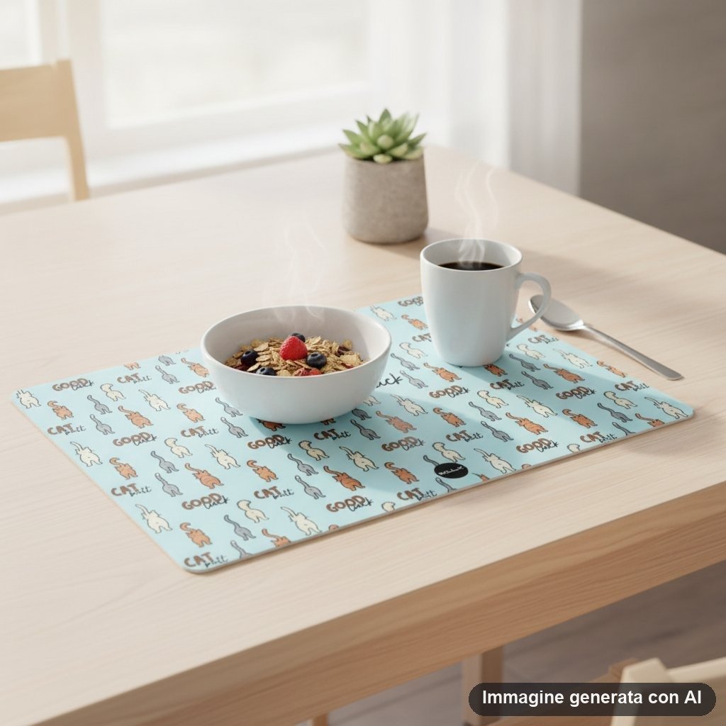 Tovaglietta americana con stampa ripetuta di gatti cartoon in vari colori su fondo azzurro pastello con scritte divertenti