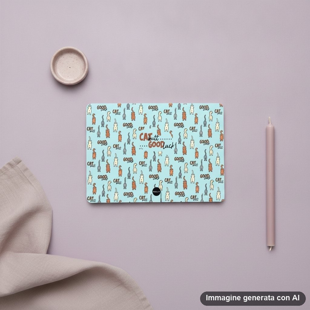 Tovaglietta americana con stampa ripetuta di gatti cartoon in vari colori su fondo azzurro pastello con scritte divertenti