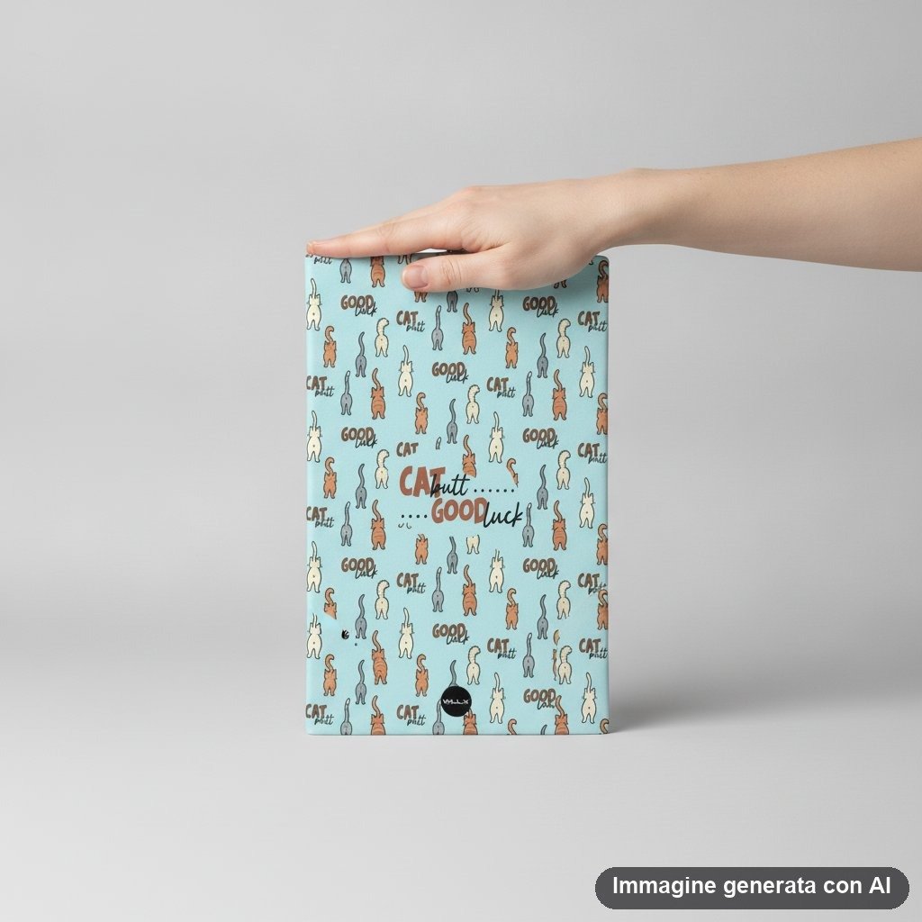 Tovaglietta americana con stampa ripetuta di gatti cartoon in vari colori su fondo azzurro pastello con scritte divertenti