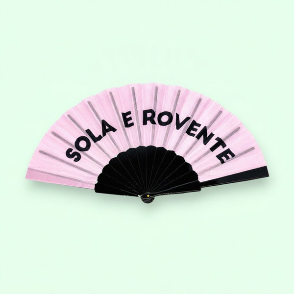 Ventaglio pieghevole rosa e nero con scritta sola e rovente, manico nero, design bicolore elegante