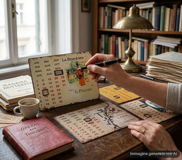 Quattro calendari perpetui in metallo con locandine d'opera in stile vintage e bordi effetto invecchiato.