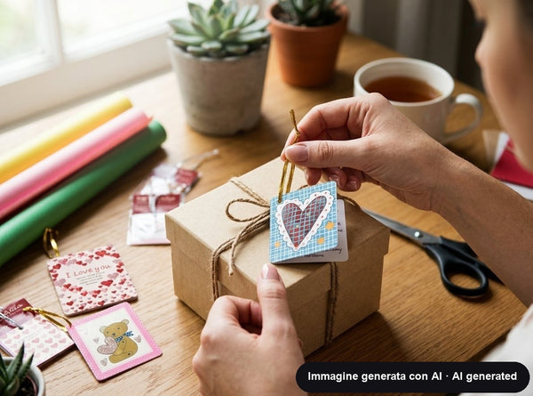 Bigliettini regalo assortiti con cuori glitterati, orsetto e scritte d'amore, con nastrino dorato.