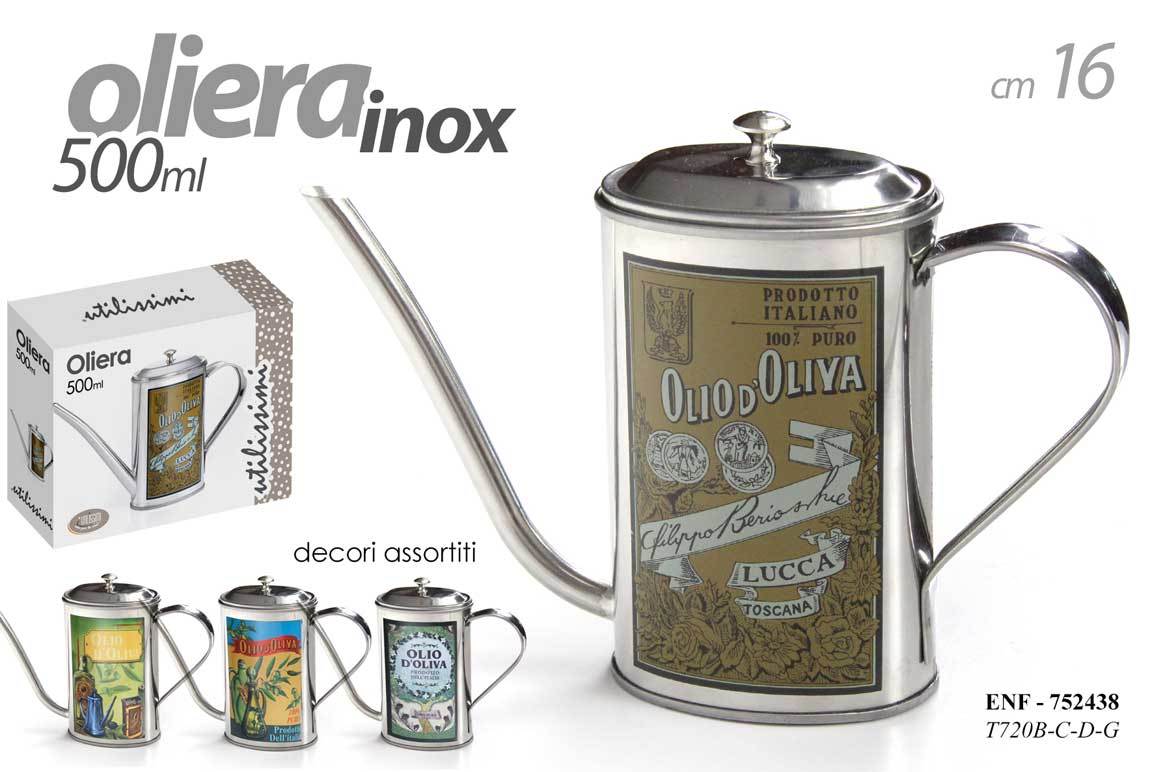 Oliera in metallo inox 500ml con decori vintage assortiti e beccuccio erogatore, stile retrò italiano