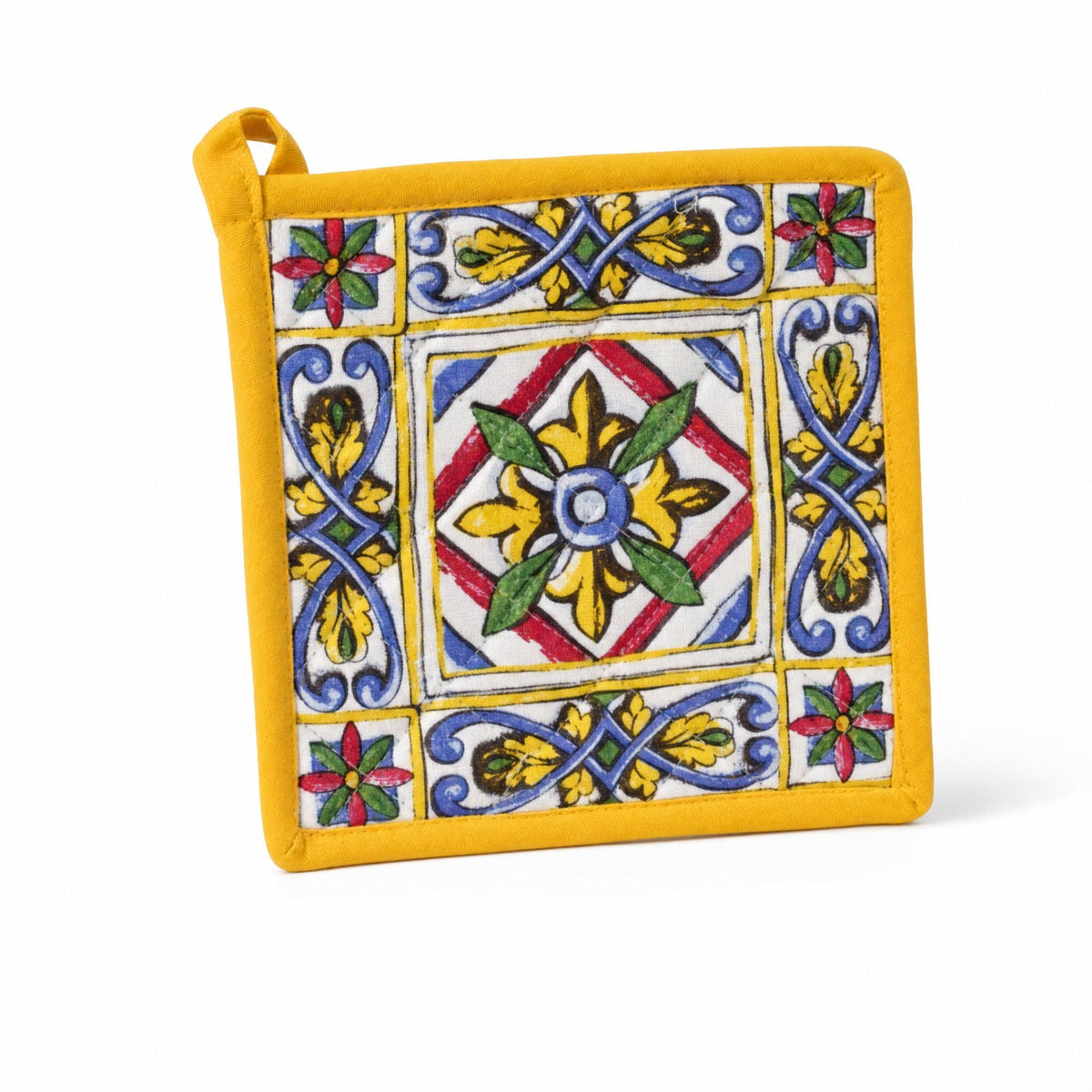 Presina quadrata gialla con disegno maiolica tradizionale, fiori e ornamenti colorati in blu, rosso e giallo