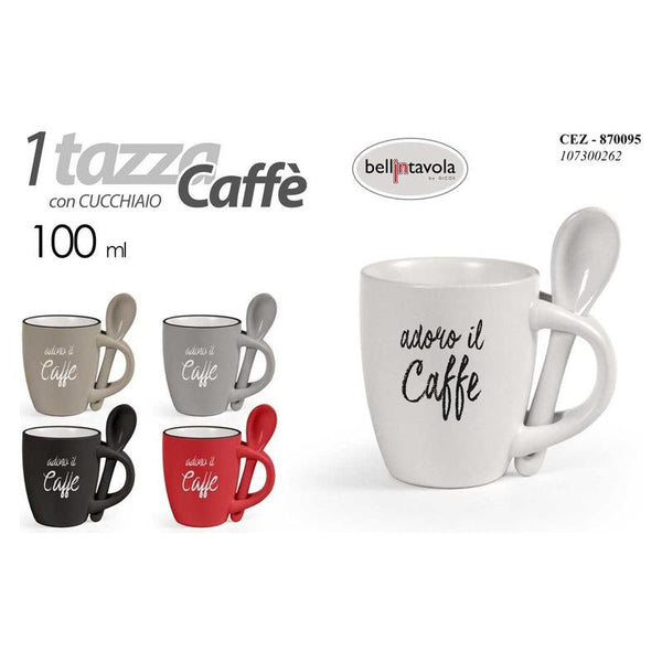 Tazzina con cucchiaino integrato disponibile in bianco beige nero e rosso con scritta adoro il caffè