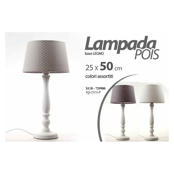 Lampada da tavolo con paralume pois bianco e base legno torneata di colore bianco, disponibile in varianti di colore