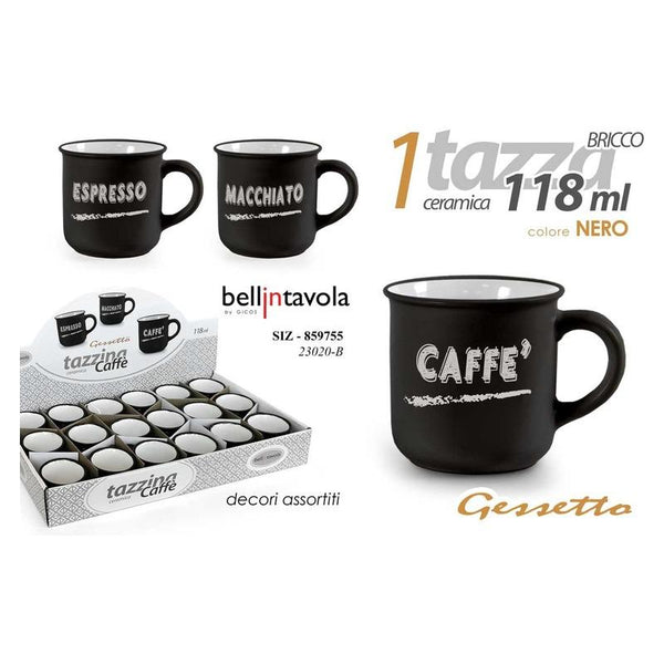 Tazzine ceramica nera con scritte caffè, espresso e macchiato, design vintage retrò