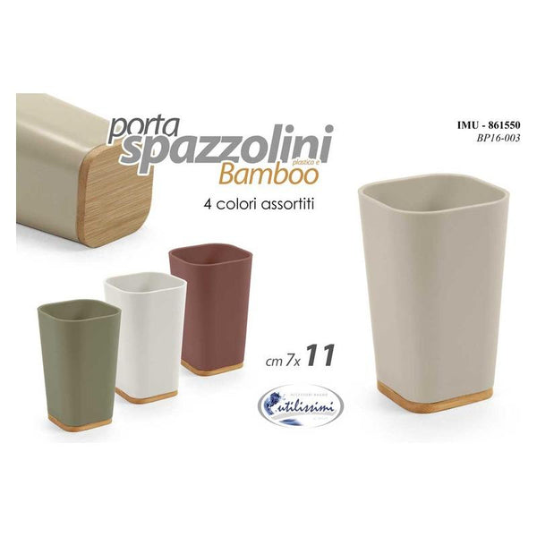 Tre porta spazzolini in ceramica con base in bamboo nei colori verde, bianco e bordeaux, accanto a un porta spazzolini beige 