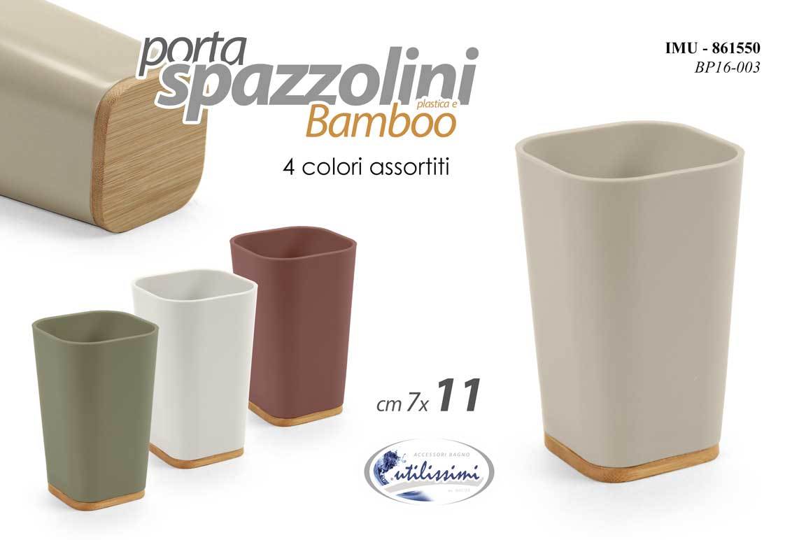 Tre porta spazzolini in ceramica con base in bamboo nei colori verde, bianco e bordeaux, accanto a un porta spazzolini beige 