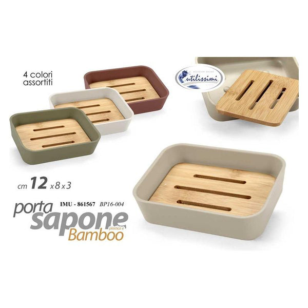 Portasaponetta in bamboo con base in plastica nei colori verde, tortora, beige e marrone, con fori di drenaggio