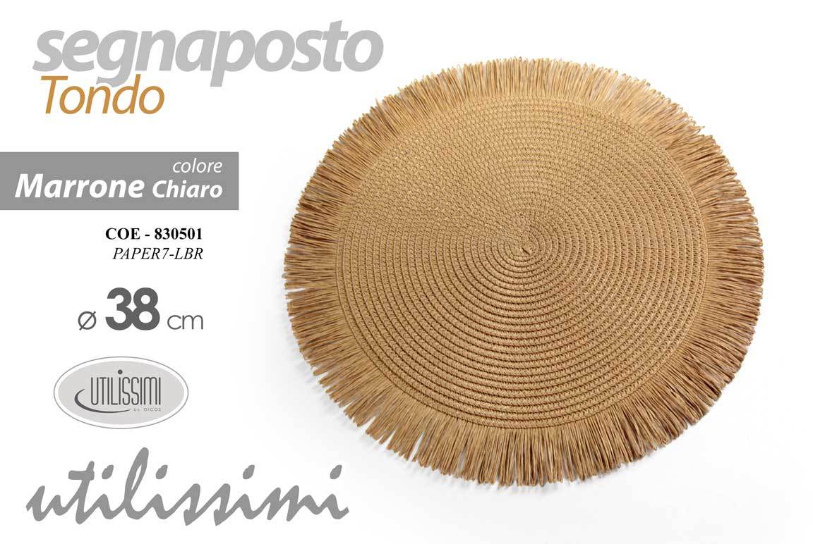 Tovaglietta rotonda marrone chiaro intrecciata con frangia, diametro 38 centimetri, vista dall'alto