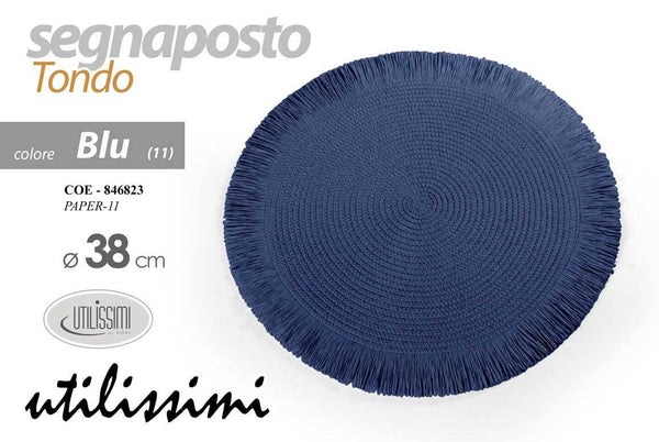 Tovaglietta rotonda blu scuro con bordo sfrangiato, diametro 38 centimetri, vista dall'alto su sfondo bianco