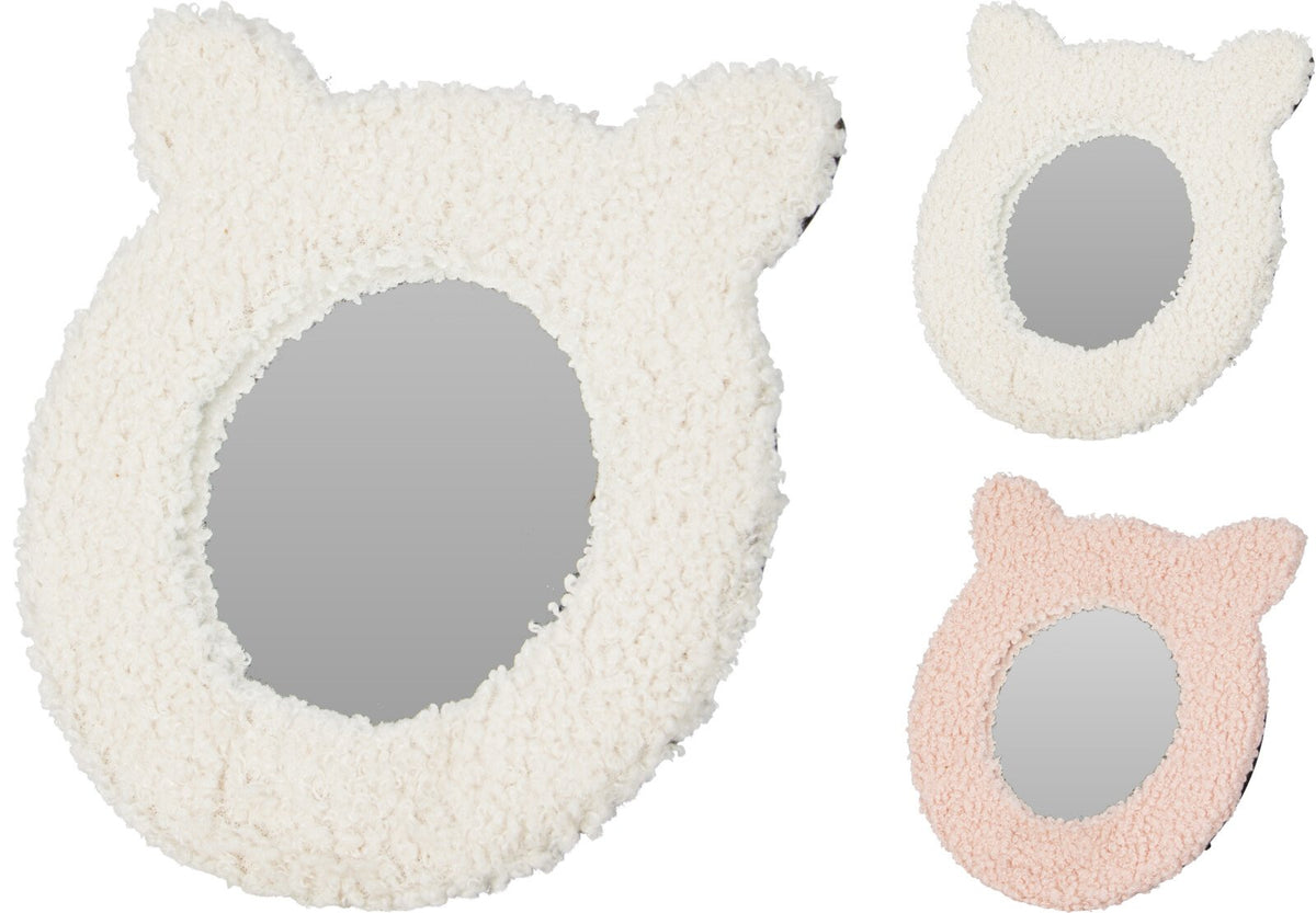 Specchietto da borsa a forma di testa di gatto rivestito in peluche riccia