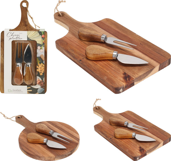 TAGLIERE ACACIA + 4 COLTELLI