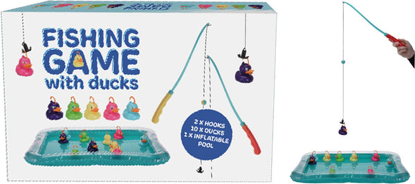 Gioco di pesca con dieci paperelle colorate, due canne con gancio e piscina gonfiabile