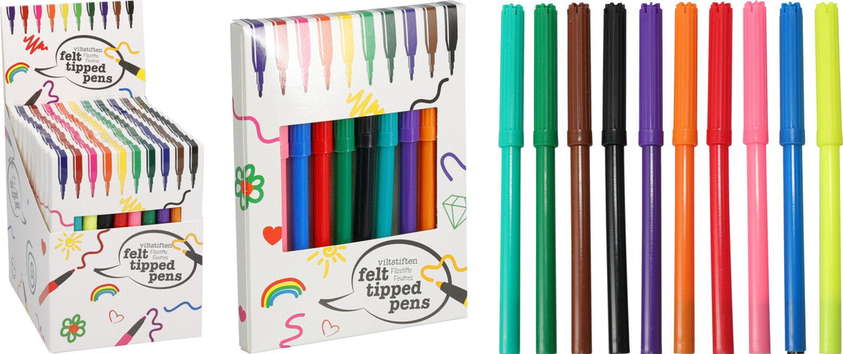 Set di dieci pennarelli a punta in feltro in colori assortiti con astuccio in cartoncino
