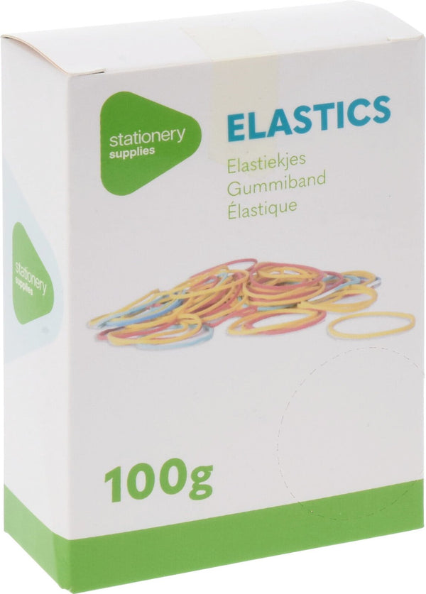 Scatola bianca e verde di elastici colorati da cento grammi con elastici gialli, rossi e azzurri