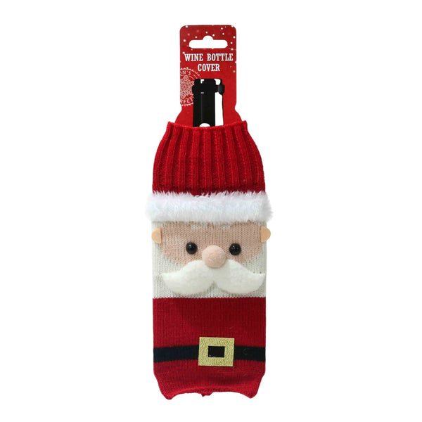Copribottiglia in maglia rossa e bianca con faccia di Babbo Natale, naso a pon pon, baffi in feltro e fibbia dorata.