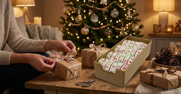 Rotoli di nastro natalizio color panna con stampe di Babbo Natale, pacchi regalo, stelle e la scritta Merry Christmas
