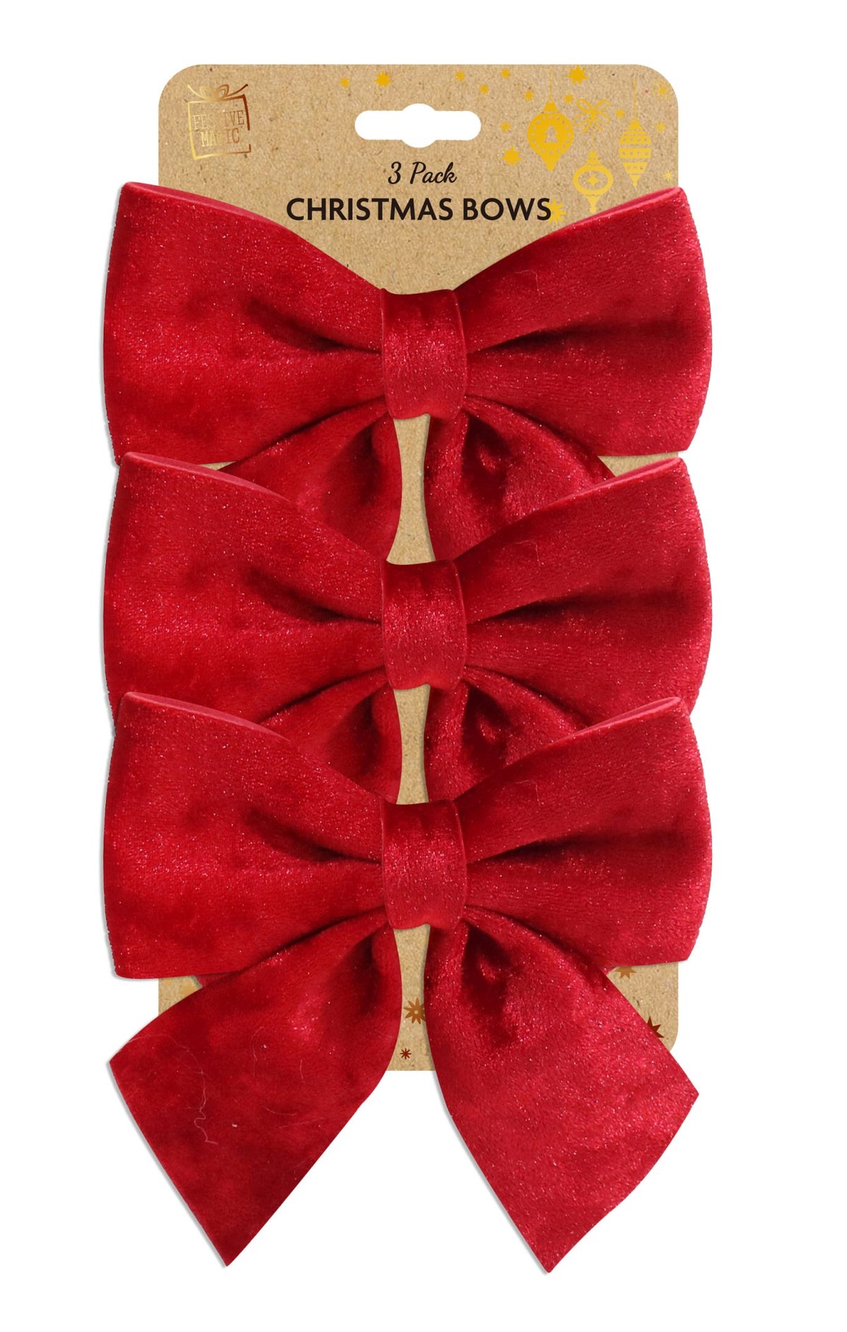 Set di tre fiocchi natalizi in velluto rosso su cartoncino, con nastro morbido e code lunghe.