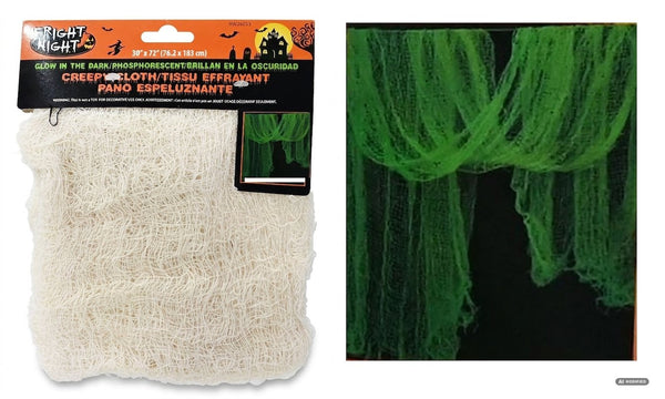 Telo di garza sfilacciata color panna in confezione, con riquadro che mostra l'effetto verde brillante al buio
