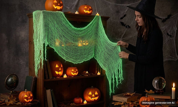 Telo di garza sfilacciata color panna in confezione, con riquadro che mostra l'effetto verde brillante al buio