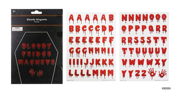 Due fogli di lettere adesive rosse effetto gocciolante con alfabeto completo e due impronte di mano