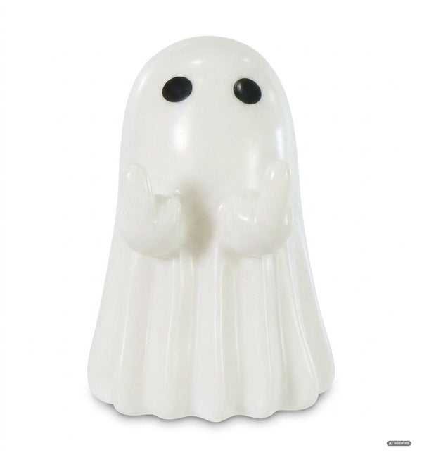 Statuina di fantasma bianco con due occhi neri e le braccia alzate, appoggiata in piedi