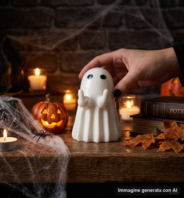 Statuina di fantasma bianco con due occhi neri e le braccia alzate, appoggiata in piedi