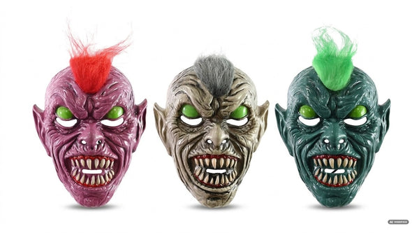 Tre maschere da demone con volto scolpito, occhi verdi, zanne e ciuffo di capelli rosso, grigio e verde