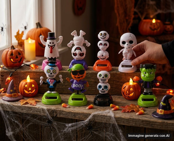 Otto statuine dondolanti a energia solare di Halloween con fantasmi, mummie, teschi, zucche e mostro verde