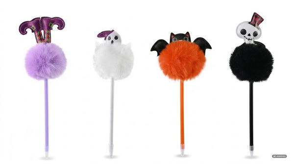 Quattro penne con grande pompon morbido lilla, bianco, arancione e nero e personaggi di Halloween in cima