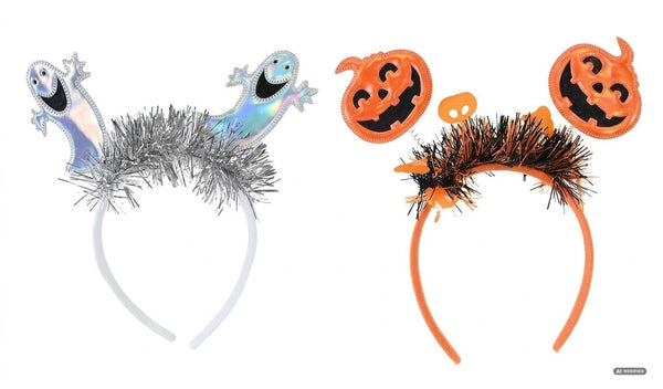 Due cerchietti con orpello brillante: uno argentato con fantasmini iridescenti, uno arancione con zucche sorridenti