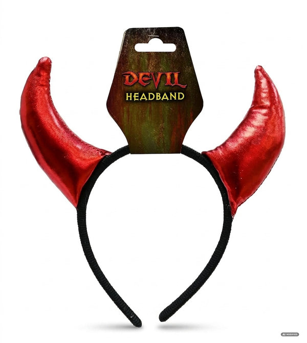 Cerchietto nero con due corna da diavolo in tessuto rosso metallizzato, con cartellino appeso