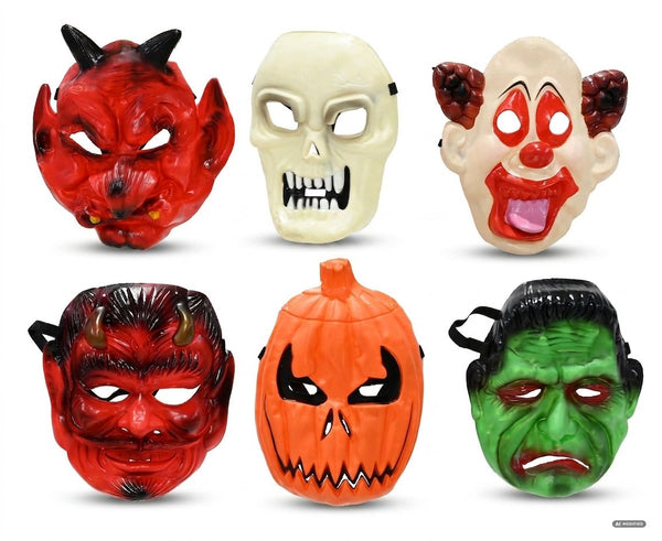 Sei maschere rigide di Halloween assortite: diavolo rosso, teschio, clown, demone, zucca arancione e mostro verde