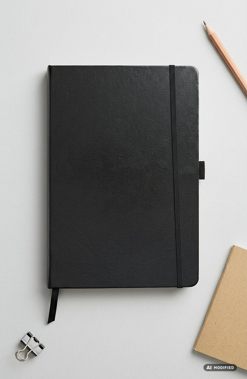Taccuino nero formato A5 con copertina rigida, elastico verticale e segnalibro in nastro