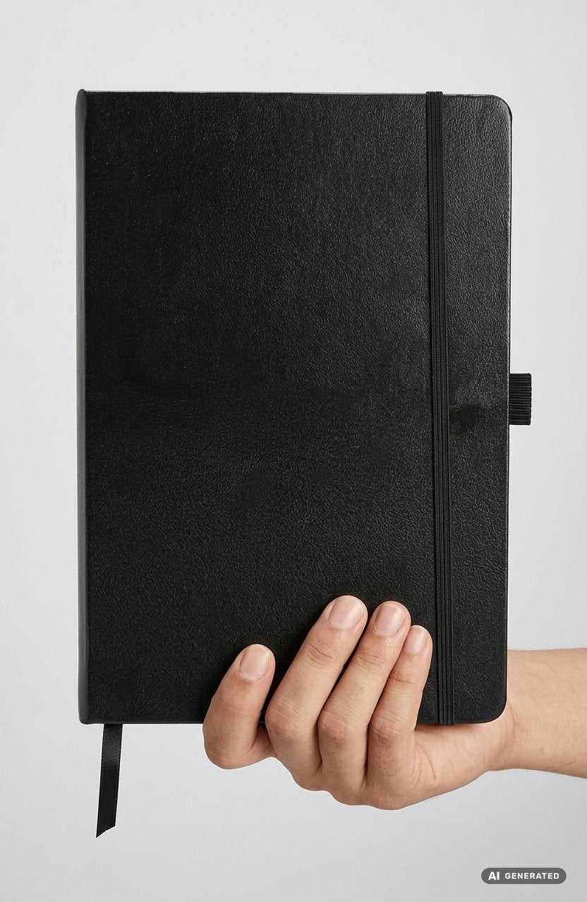Taccuino nero formato A5 con copertina rigida, elastico verticale e segnalibro in nastro