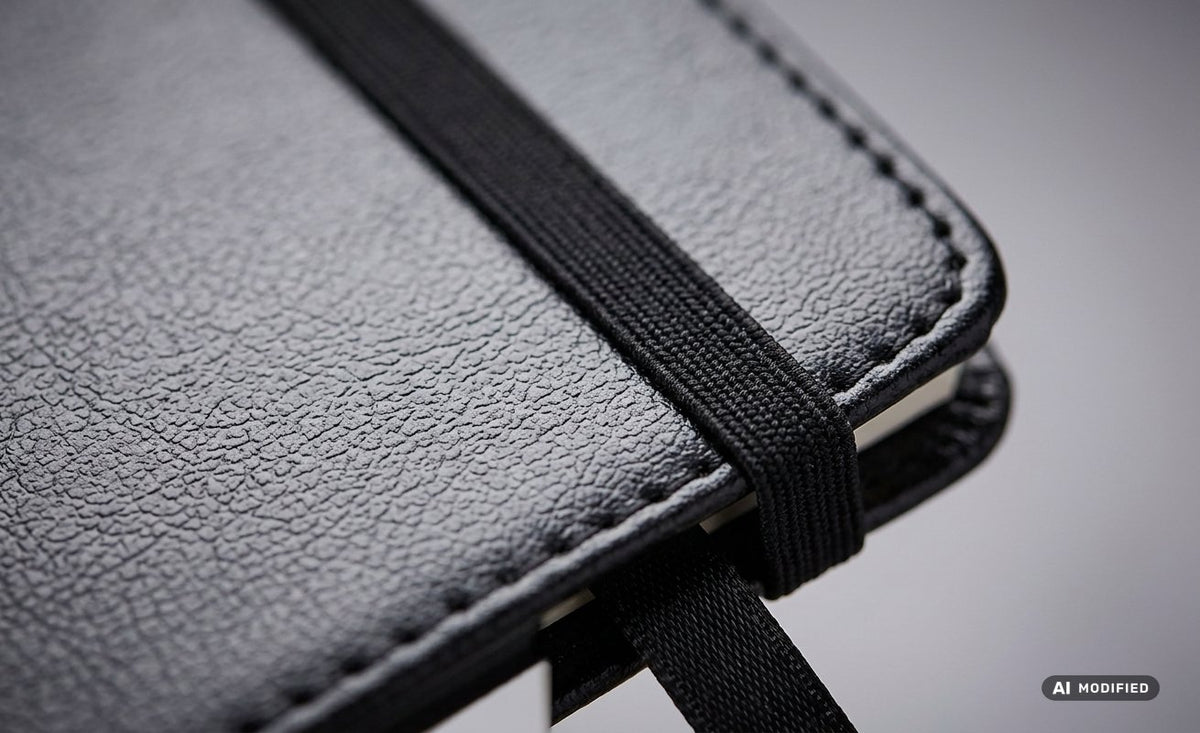 Taccuino nero con elastico di chiusura, chiuso e aperto su pagine a righe con segnalibro