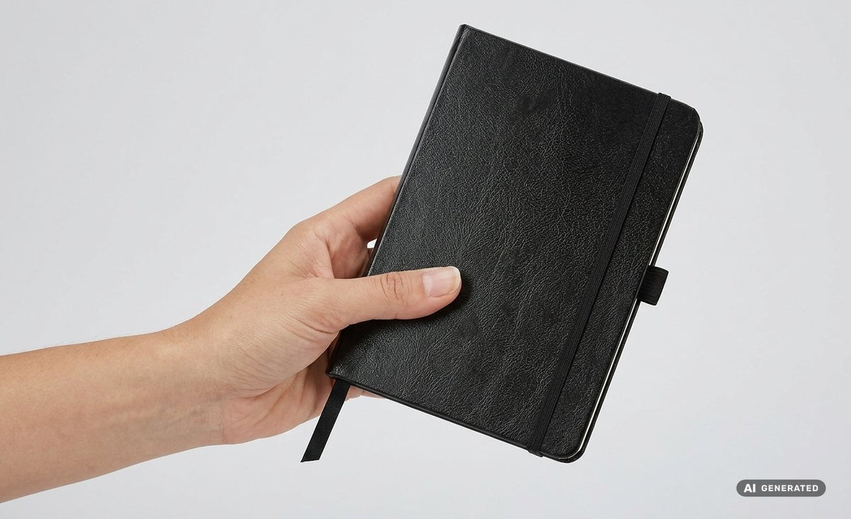 Taccuino nero con elastico di chiusura, chiuso e aperto su pagine a righe con segnalibro