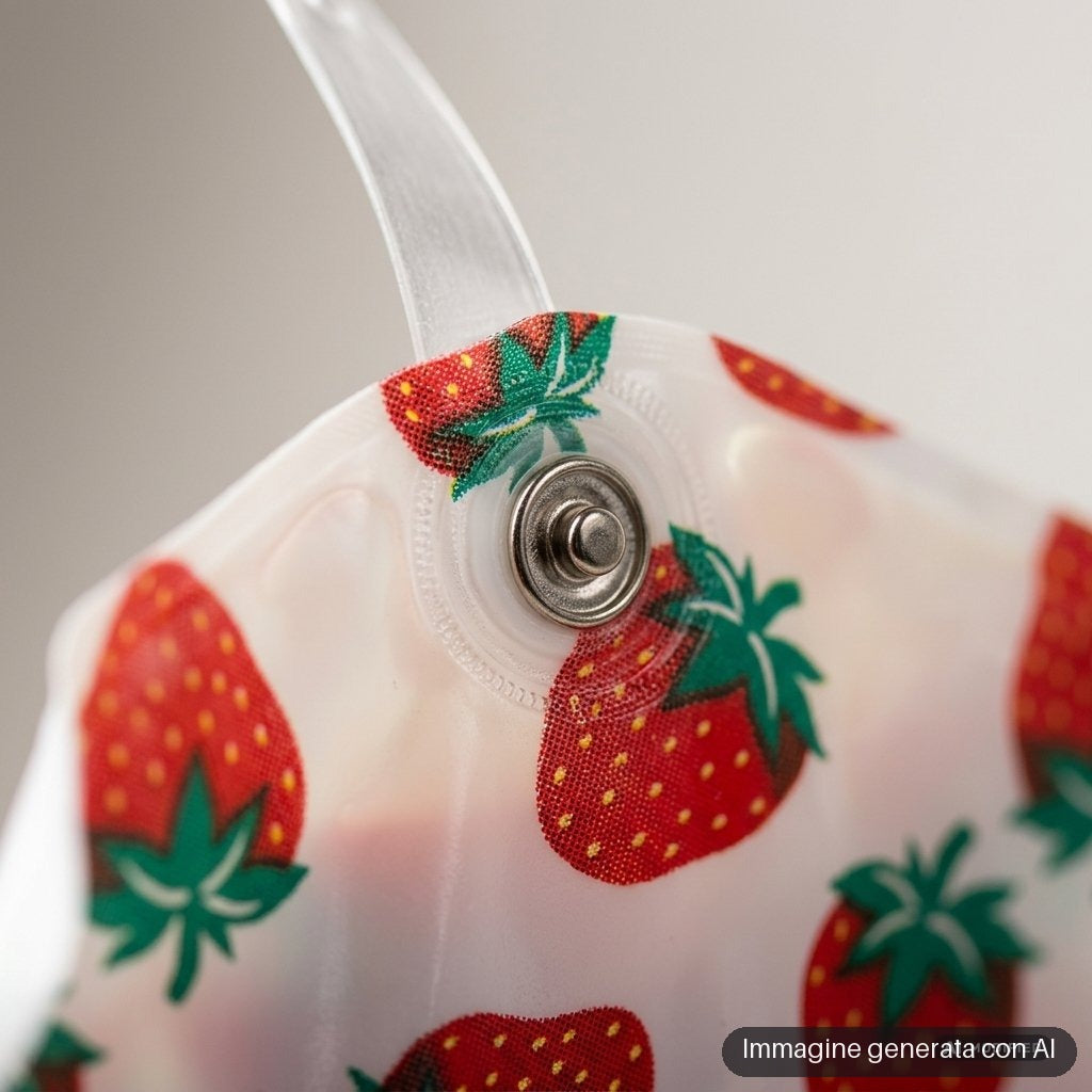 Custodia refrigerante per bottiglia con stampa di fragole rosse e laccetto per appenderla