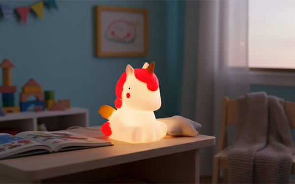 Lampada unicorno bianco e rosso con criniera accesa su scrivania in camera dei bambini