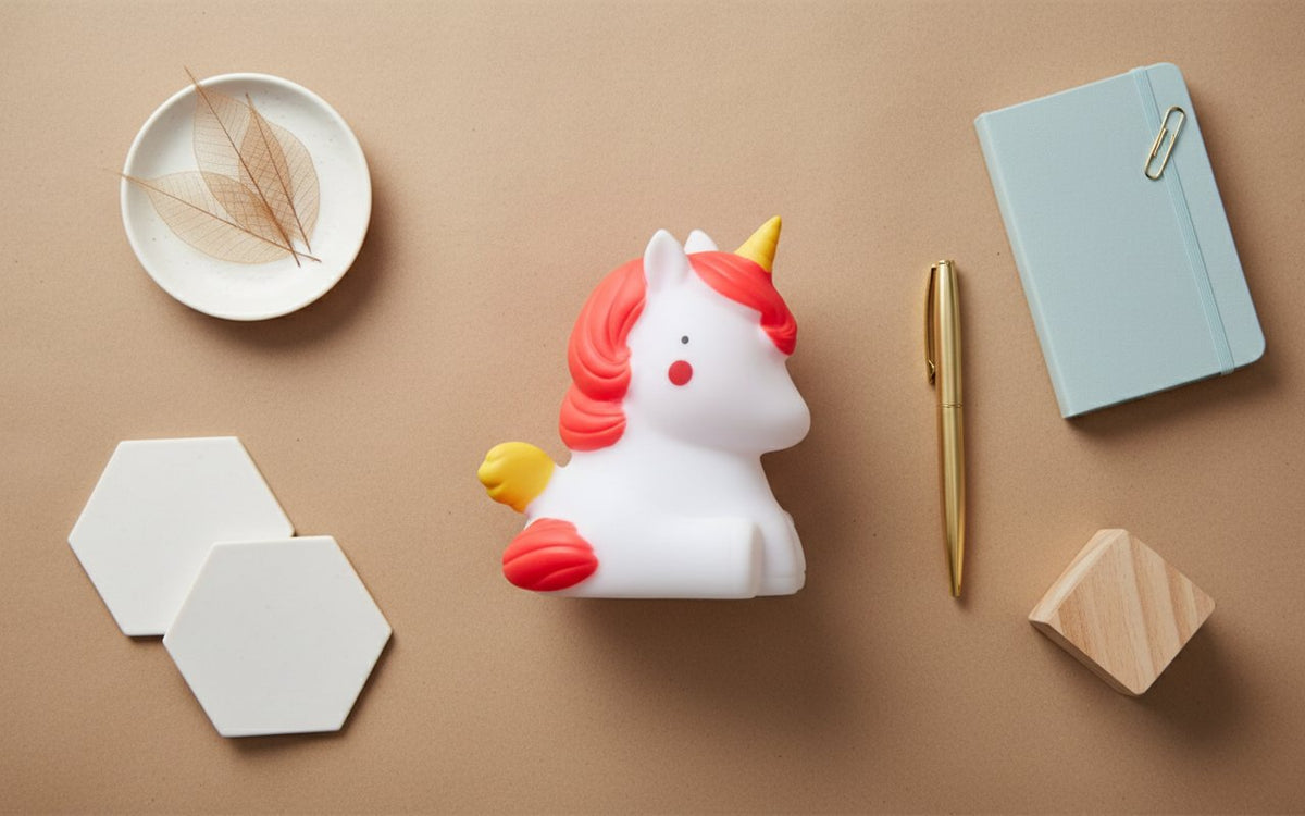 Lampada punto luce unicorno bianco con criniera rossa e gialla, circondata da quaderni, penna dorata e accessori da scrivania